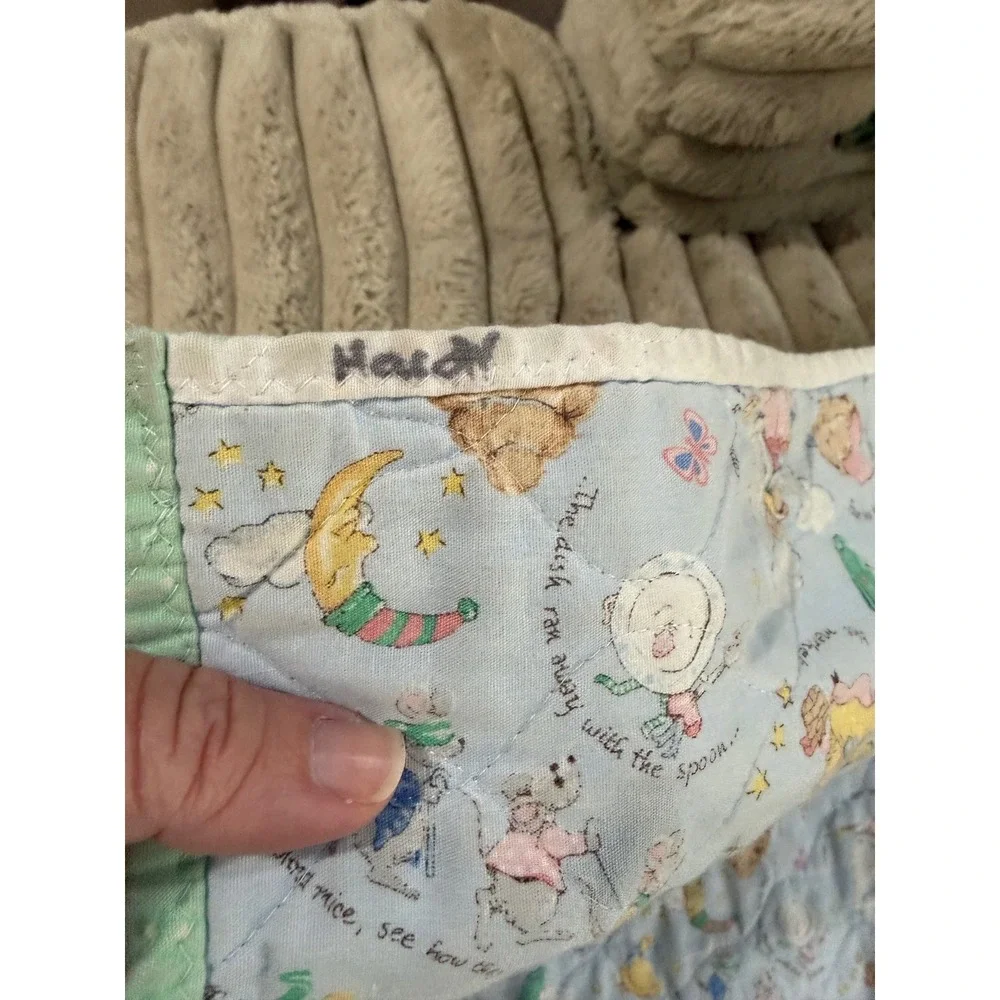 Vintage Mother Goose Nursery Rhyme Baby Quilt Blanket Reversible Mint Green Blue